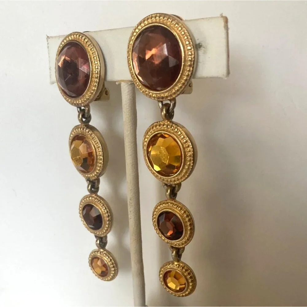 Vintage Ben Amun Clip On Dangle Earrings Amber Gold Tone Gems Regency Statement - Picture 7 of 9